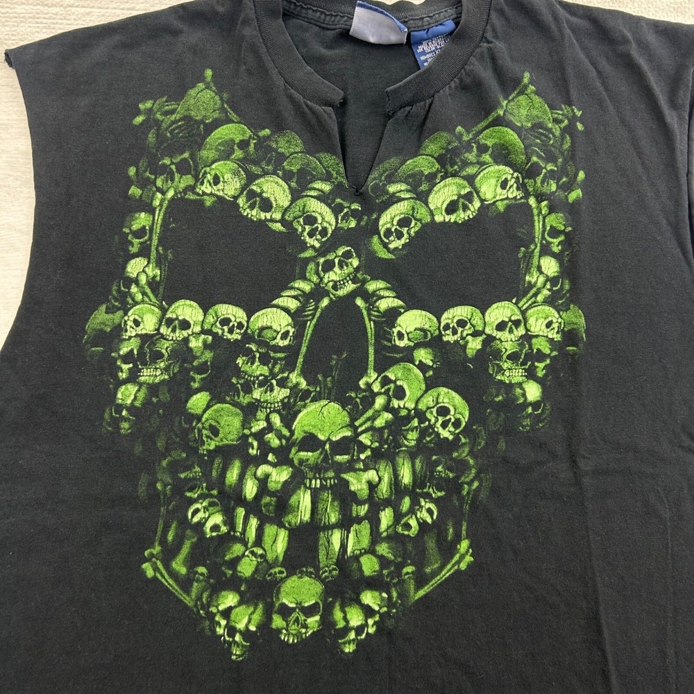 Vintage Y2K Skull Shirt Size XL Black Tank Top Green Skeleton Grunge Emo - Picture 2 of 5